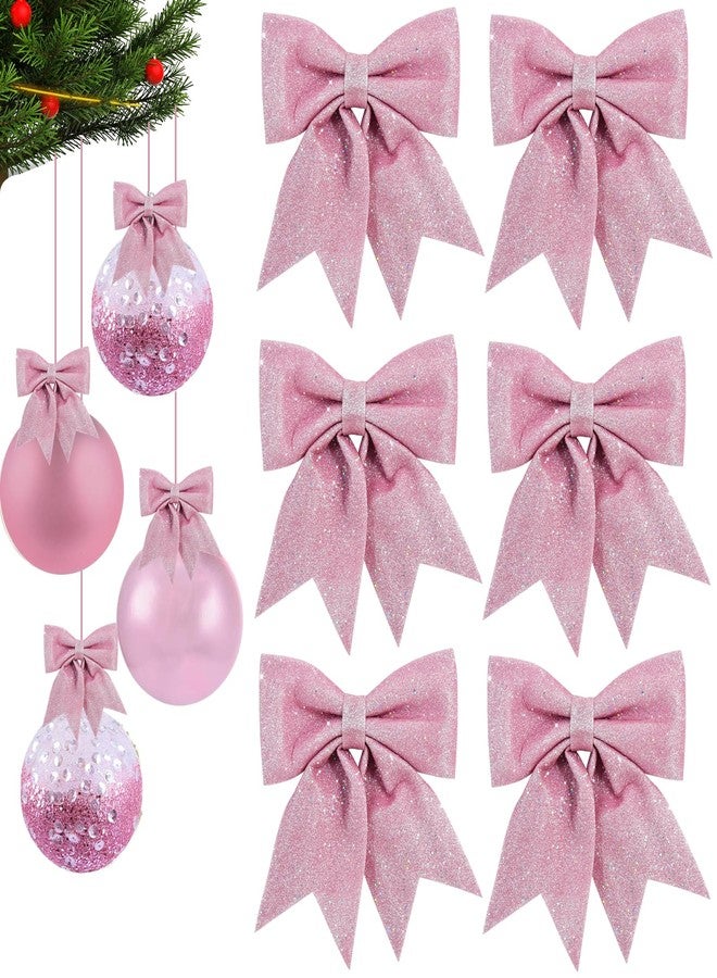 TONIFUL 6pcs Shiny Bow Pink Christmas Glitter Twist Tie Bows for Decoration Gift Box Wrapping, Christams Baskets Decor, Wedding Birthday Festival Party Decoration(5x5Inch/pcs) - Image 1